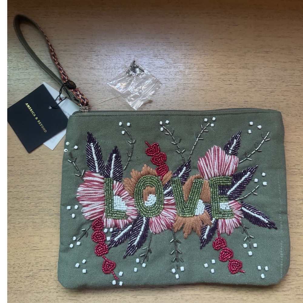 America & Beyond Love Beaded Floral Wristlet Clutch Bag Olive Green Canvas NEW